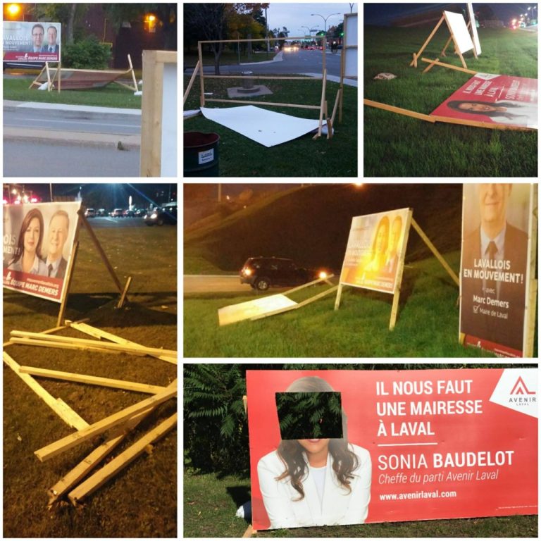 Des vols de pancartes et différents actes de vandalisme ont été perpétrés sur un très grand nombre de pancartes installées par le parti Avenir Laval – Équipe Sonia Baudelot.