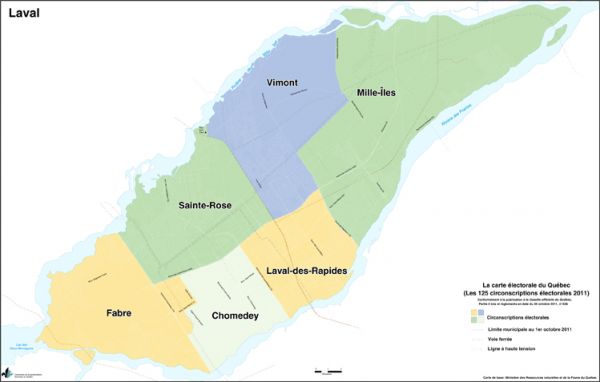 Voici la nouvelle carte électorale de Laval, qui passe de cinq à six circonscriptions provinciales avec l’ajout du comté de Sainte-Rose. (Photo: Archives)