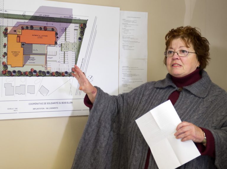 Francine St-Pierre préside aux destinées de la Coopérative de solidarité du Bois Ellen, dont la mise en chantier de 2 bâtiments qui totaliseront 166 logements sociaux est projetée au printemps 2014.