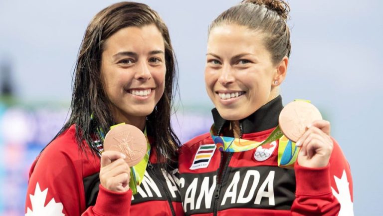 Meaghan Benfeito et Roseline Filion lorsqu'elles avaient remporté la médaille de bronze aux Jeux olympique de Rio en 2016.