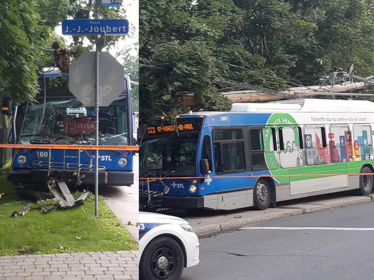 On ignore encore la cause de cette sortie de route effectuée par un autobus de la Société de transport de Laval, ligne 222, sur le boulevard Lévesque, à Pont-Viau.