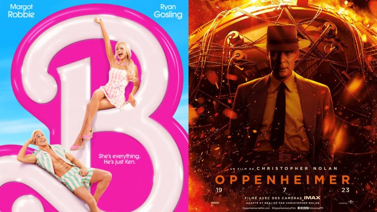 Affiches des films Barbie et Oppenheimer présentés dans les succursales de Cineplex.