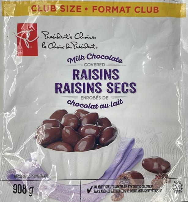 Sac de raisins secs enrobés de chocolat au lait de marque de PC visé par le rappel.
