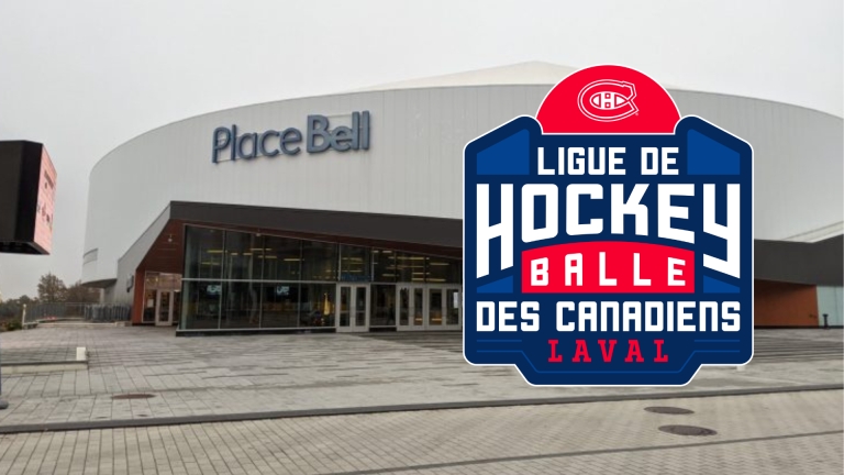 Place Bell et logo de la Ligue de hockey-balle des Canadiens.