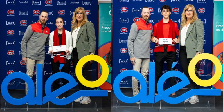 Camille Gélinas et Biagio Jr Daniele sont au centre de leur photo respective, accompagnés par l'ancien joueur des Canadiens de Montréal Paul Byron et la directrice générale de la Fondation Aléo Patricia Demers.