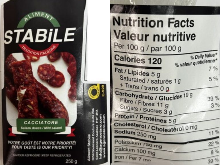 Le MAPAQ avise une seconde fois la population de ne pas manger le Cacciatore Salami Douce vendu par Aliment Stabile dans plusieurs commerces de Laval et la région de Montréal.