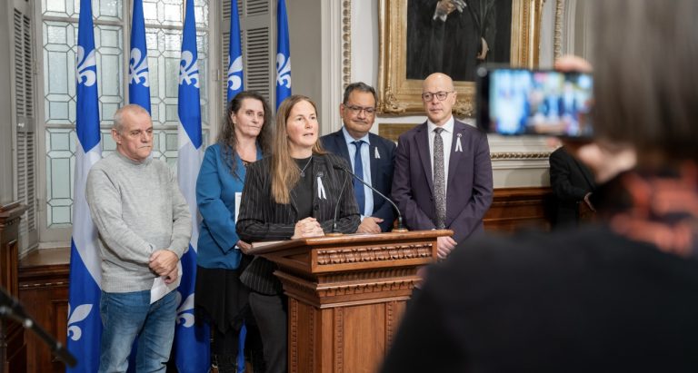 À la tribune, la députée libérale des Mille-Îles et porte-parole de l’opposition officielle en matière d’habitation, Virginie Dufour, flanquée derrière du président et de la vice-présidente de la Fédération des locataires d’habitations à loyer modique du Québec, Yves Dubé et Marie-France Poirier, et des députés Andrés Fontecilla et Joël Arseneau, responsable solidaire et péquiste en matière de logement et d’habitation.