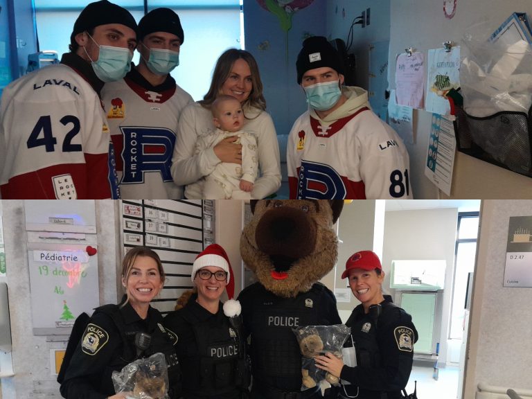 Pour Noël, joueurs du Rocket et membres du Service de police de Laval ont joint leurs efforts pour apporter soutien et réconfort aux enfants malades et personnes en soins palliatifs de l’Hôpital de la Cité-de-la-Santé.