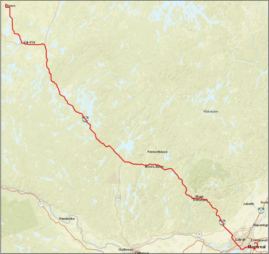 Le trajet qui sera emprunté par le convoi de véhicules militaires qui passera par Laval.