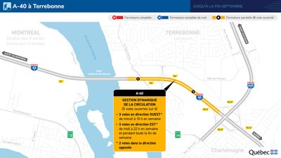Plan des travaux et déviations de l'autoroute 40 émis par le ministère des Transports et de la Mobilité durable.