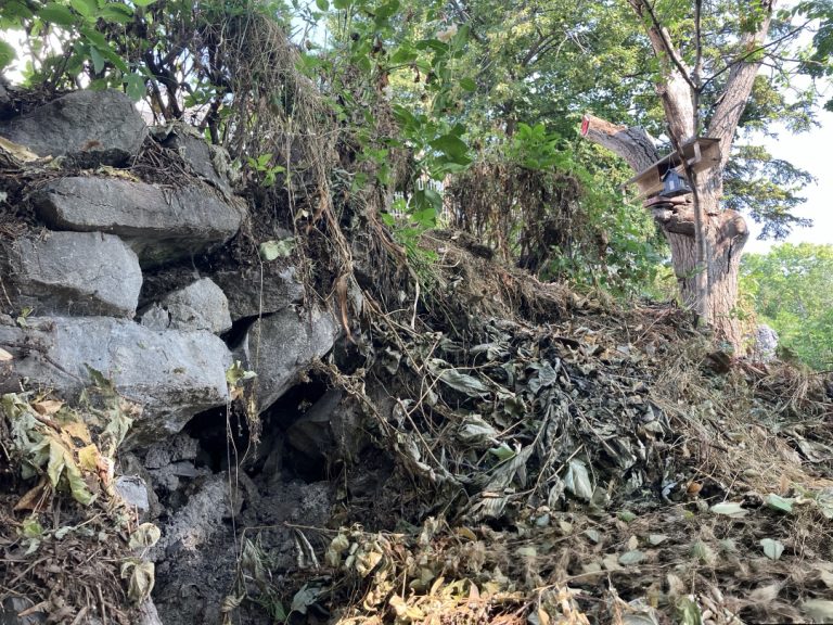Un talus rocheux établi entre certaines résidences du boulevard Lévesque Est et d’autres sur l’avenue Bellevue, dans Saint-Vincent-de-Paul, présente des zones de vulnérabilité ayant mené à l’évacuation de neuf ménages. (Photo gracieuseté – retouches avec l’IA pour retirer des informations confidentielles)