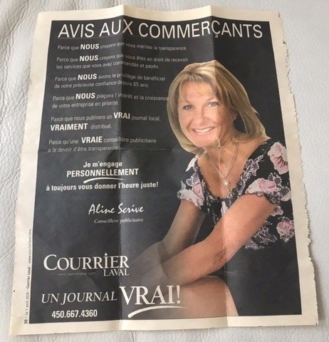 Une page du Courrier Laval faisant la promotion des services d’Aline Scrive à titre de représentante publicitaire. (Photo gracieuseté - Aline Scrive)