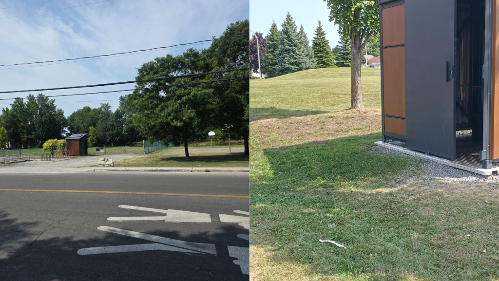 À gauche, aucun stationnement adapté aux personnes handicapées n’est à proximité de la toilette et le sol est en gravier, ce qui le rend mobile et inégal, donc difficile à manœuvrer. À droite, aucun sentier ne mène à la toilette établie au parc de la Renaissance, qui est sur un terrain gazonné en pente. (Gauche: Photo 2M.Media – Corinne Prince. Droite: Photo gracieuseté)