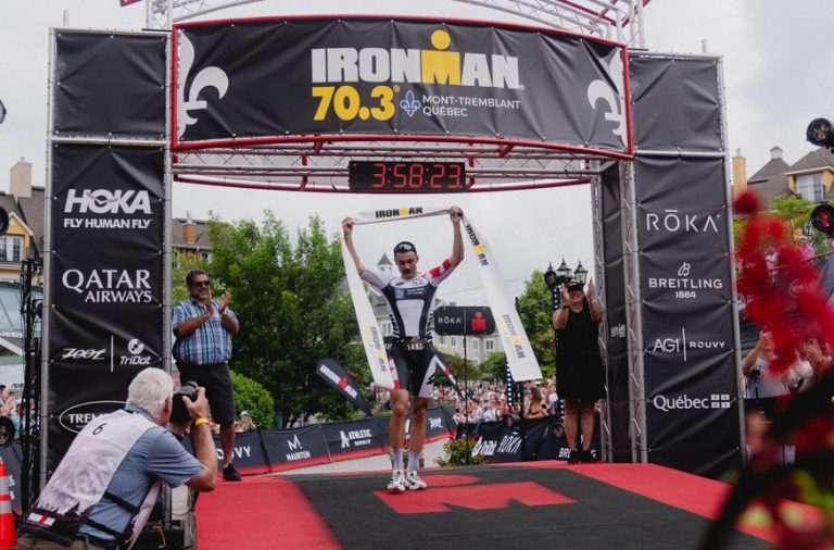 Filip Mainville à l'arrivée du IRONMAN 70.3 Tremblant 2025. (Photo gracieuseté)
