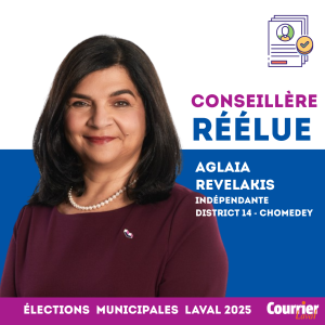 Après trois mandats obtenus sous la bannière d’Action Laval, Aglaia Revelakis a été reconduite au poste de conseillère municipale dans Chomedey à titre de candidate indépendante avec une majorité de seulement 38 voix.
