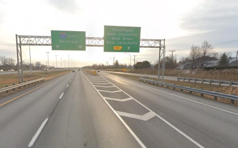 Fermeture prévue pour des travaux de forage sur l’A-40 La sortie 100 de l'autoroute 40, en direction ouest, qui sera fermée à la circulation dans les nuits des 18 et 19 novembre. (Capture d'écran - Google Maps)