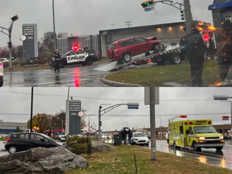 Par chance, un accident survenu sous la pluie du mercredi 5 novembre n’a entraîné que des blessures légères. (Photo 2M.Media – Martine Montminy)
