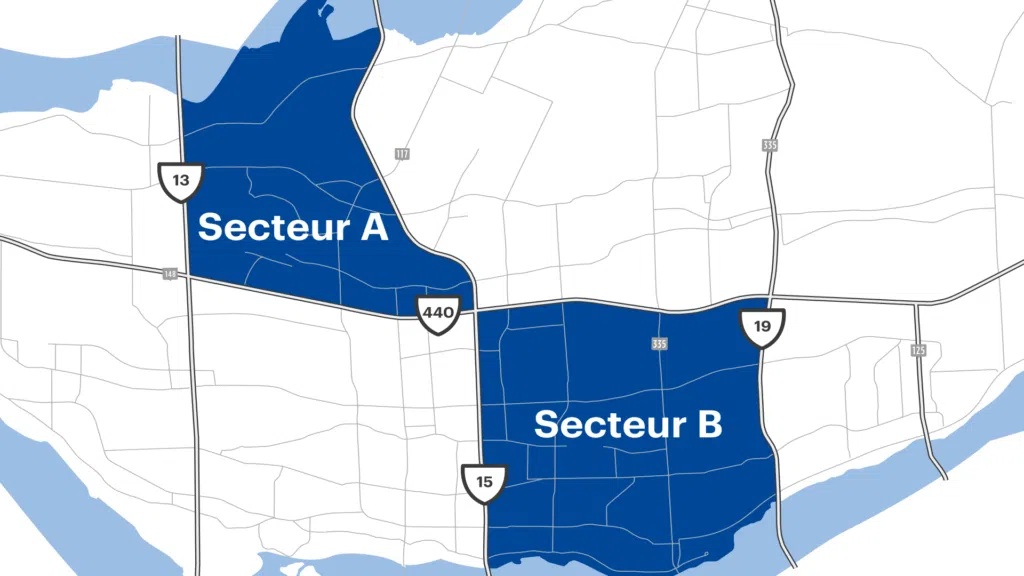 Carte délimitant les deux secteurs où prend place le projet pilote CSRM de la Ville de Laval. (Photo gracieuseté – Site web de la Ville de Laval)
