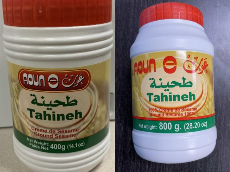 Rappel de Tahineh – crème de sésame possiblement contaminé Des contenants de 400 et 800 grammes de Tahineh – crème de sésame de marque Aoun pourraient avoir été contaminés par la bactérie Salmonella. (Photos gracieuseté - Agence de la santé publique du Canada)