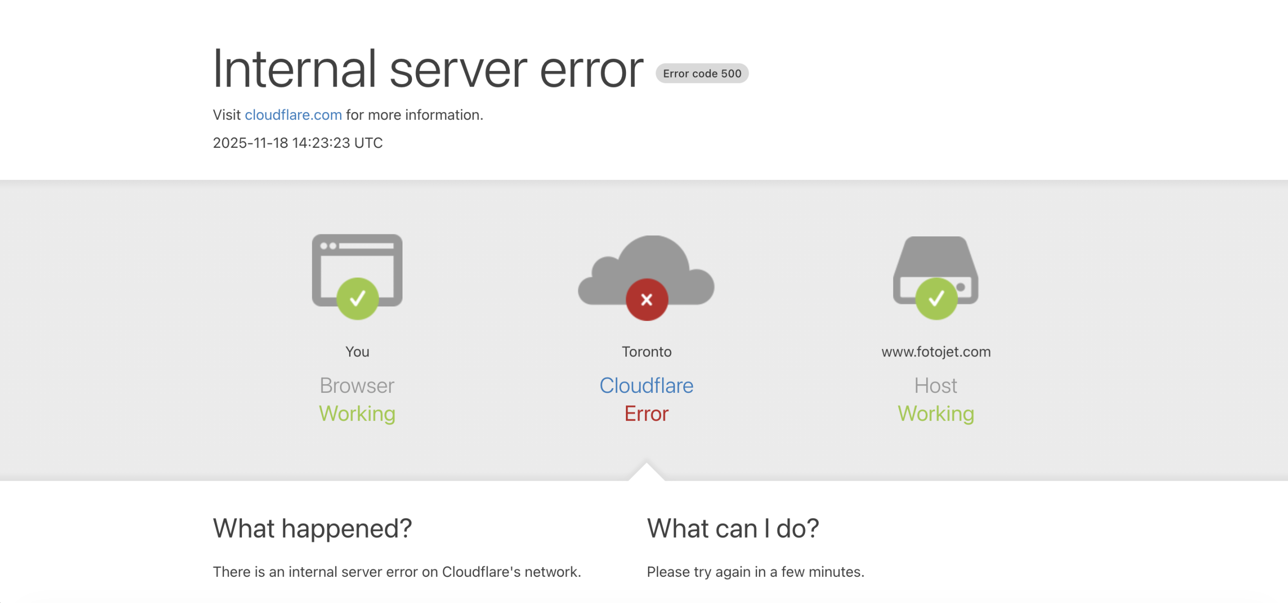 Capture d'écran du message d'erreur pouvant s'affiché lors d'une tentative d'accéder à un site Web affecté par la panne de Cloudflare.