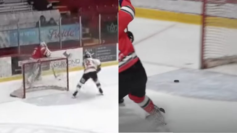 Carmine-Anthony Pagliarulo, gardien de but des Pétroliers de Laval, a marqué dans un filet désert face aux Éperviers de Sorel-Tracy. (Captures d'écran - Page Facebook de la LNAH)