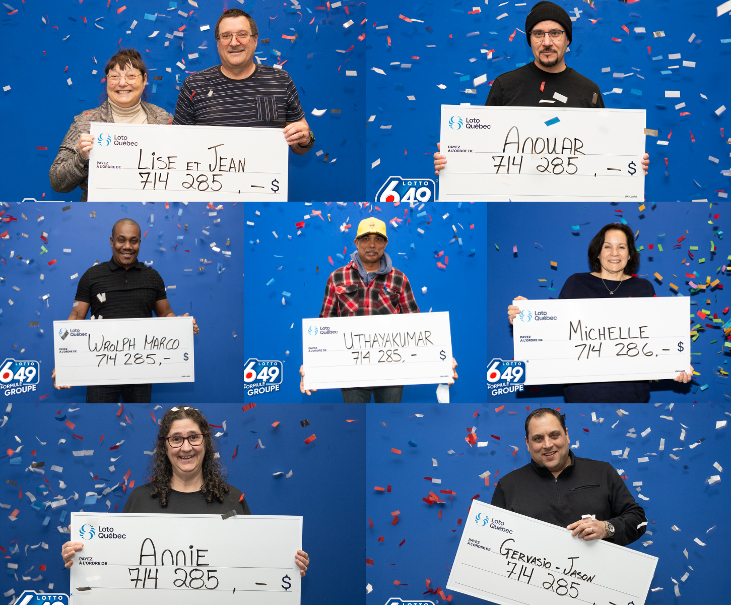 Les huit Lavallois ayant gagné une part du Gros lot classique du Lotto 6/49. (Photos gracieuseté)