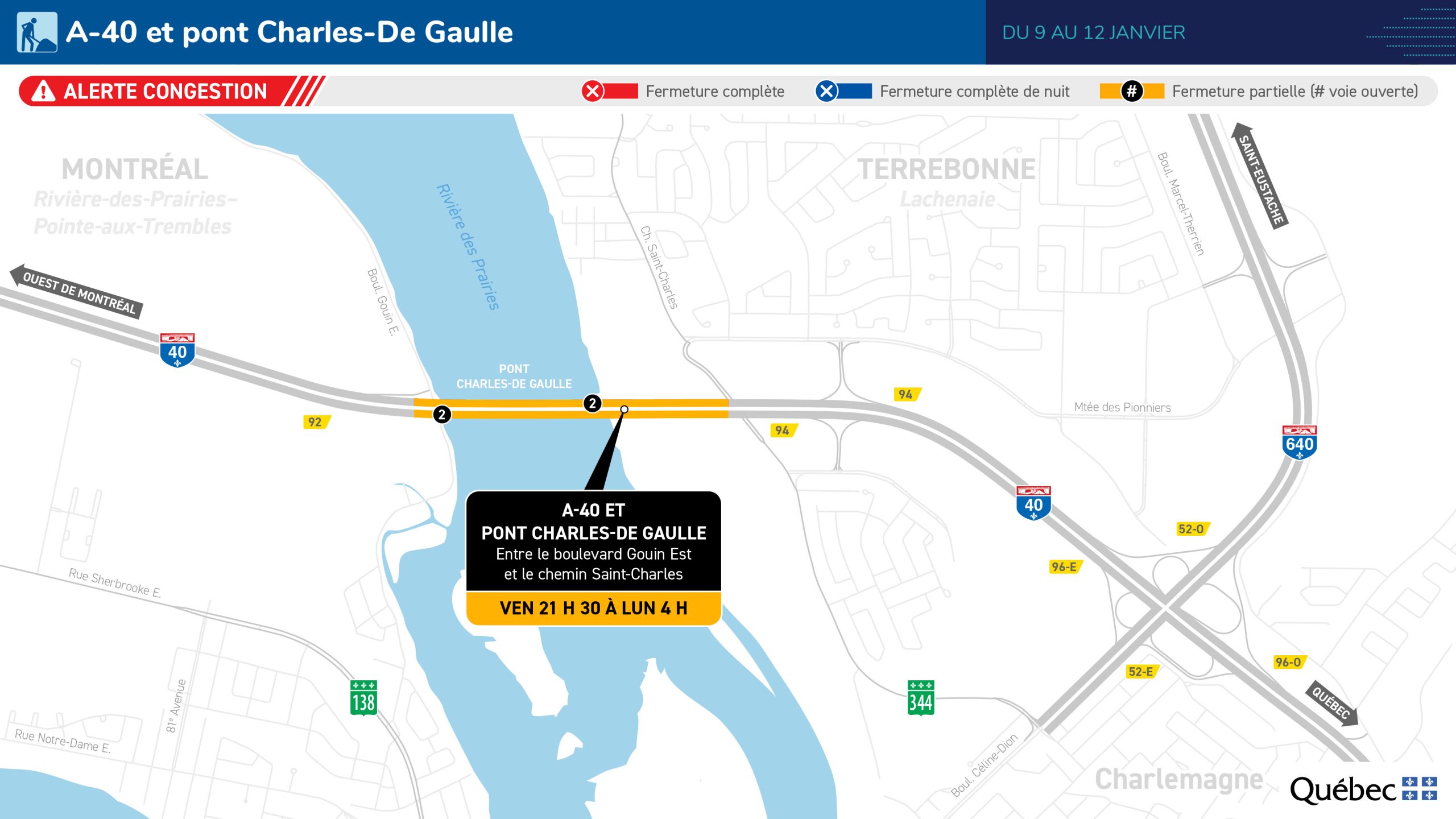 L’autoroute 40 sera bientôt le théâtre de nombreux travaux occasionnant des fermetures à la hauteur notamment du pont Charles-De Gaulle. (Photo gracieuseté - ministère des Transports et de la Mobilité durable)