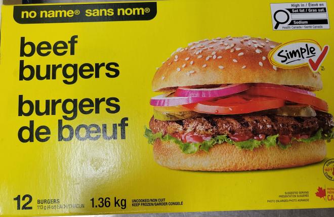 Les burgers de marque Sans nom visés par le rappel de l'Agence canadienne d'inspection des aliments en raison d'un risque de contamination à la bactérie E. coli. (Photo gracieuseté)