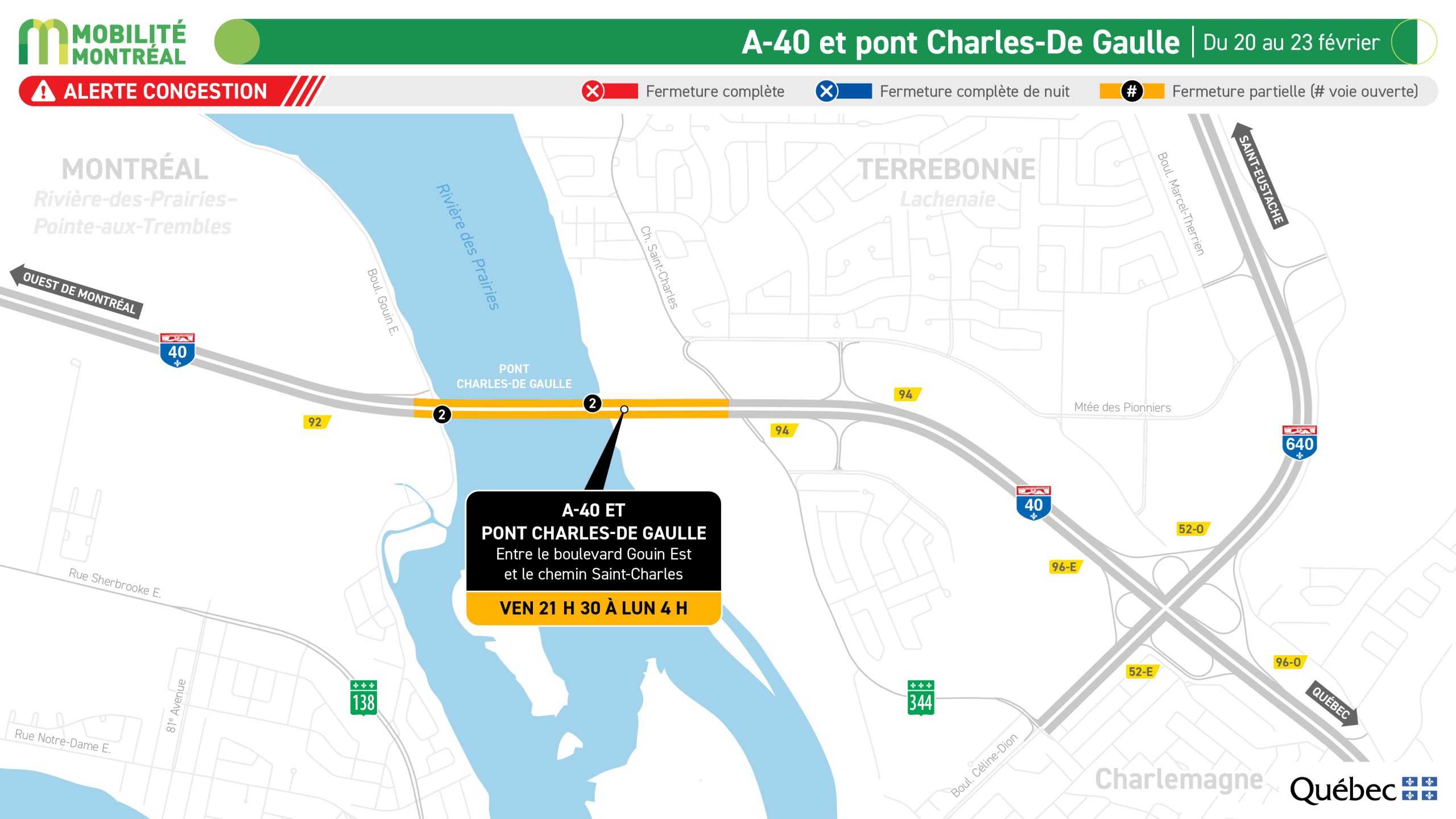 Travaux et fermetures de l’autoroute 40 et du pont Charles-De-Gaulle durant quatre jours ce week-end entre Montréal et la Rive-Nord. (Photo gracieuseté - ministère des Transports et de la Mobilité durable) 