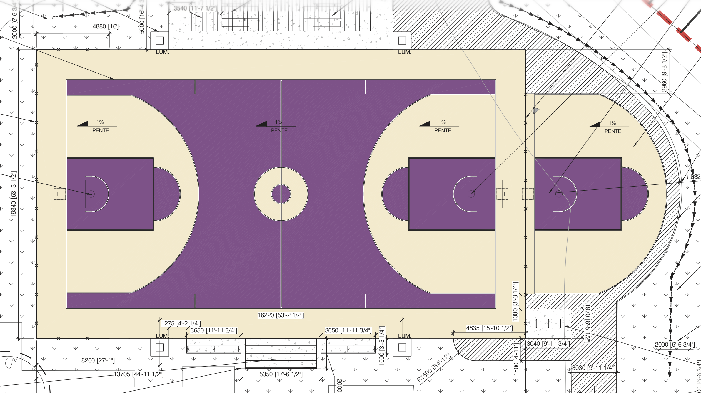 Le plan technique d'aménagement du nouveau terrain de basketball du parc Chopin qui montre les installations prévues, dont un demi-terrain. (Photo gracieuseté - Ville de Laval)
