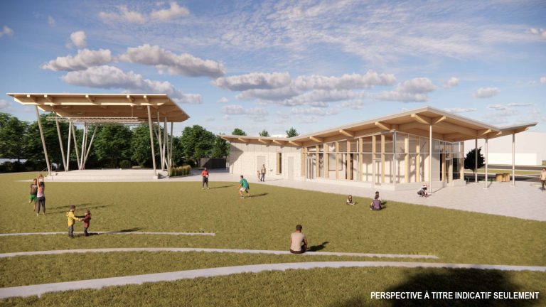 Modélisation de la scène extérieure et du pavillon d’accueil qui voisineront avec la rivière des Mille Îles au cœur du village de Sainte-Rose.