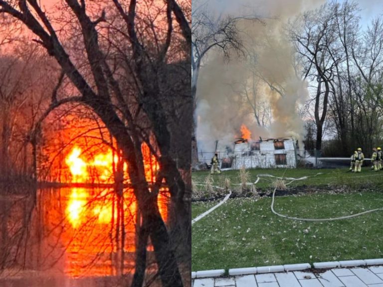 Un feu jugé suspect a entièrement ravagé l’ancien atelier d’artistes situé dans la cour arrière de la Résidence de création Marcel-Saint-Pierre, boulevard des Patriotes, à Sainte-Rose, le samedi 9 mai. (Photos gracieuseté)