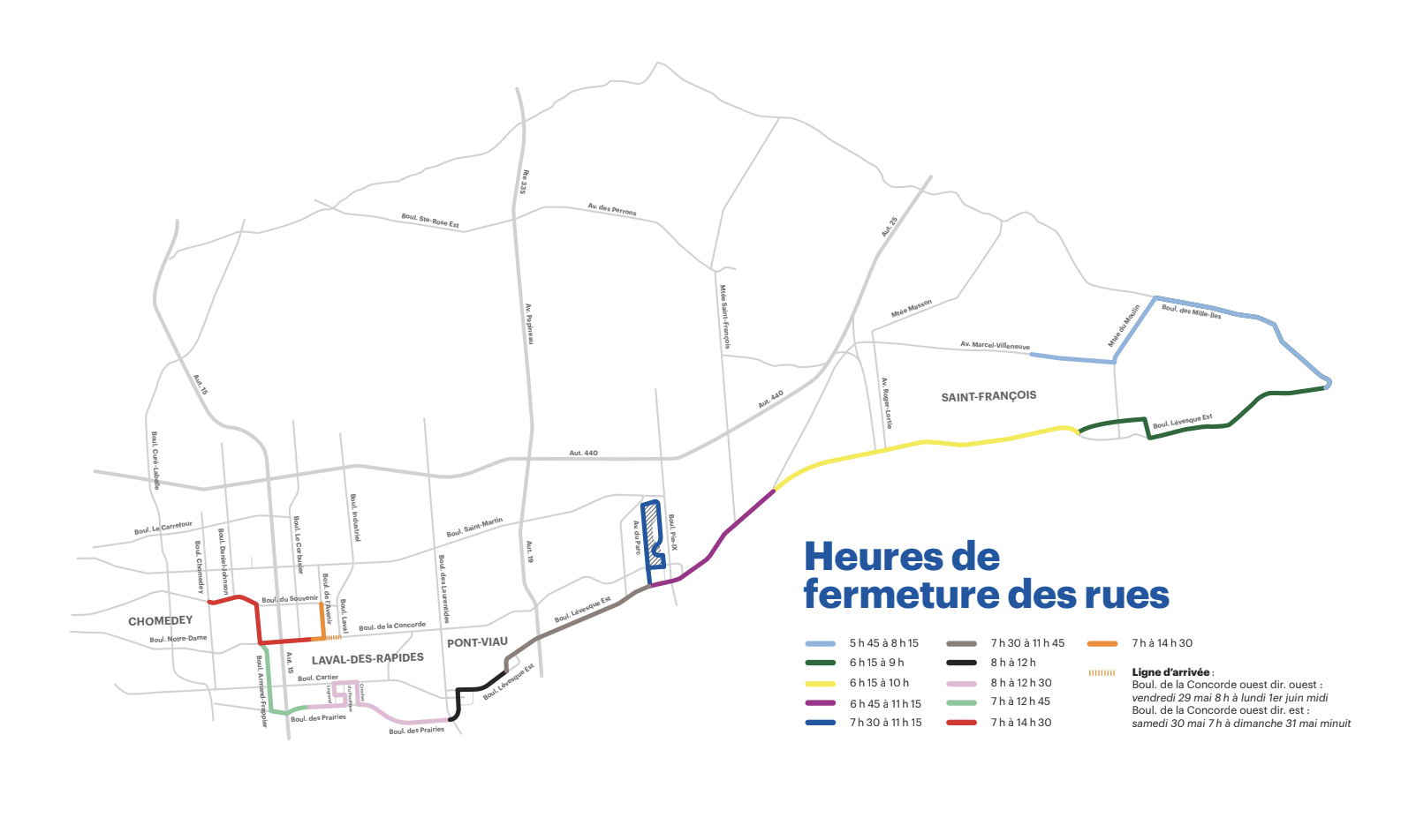 Carte présentant les rues et boulevards qui seront fermées à l'occasion de la Course des pompiers de Laval 2026. (Photo gracieuseté)