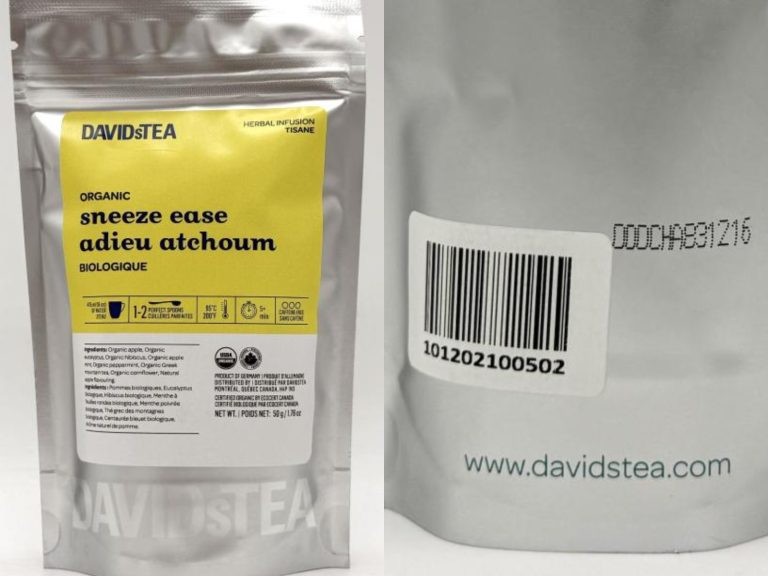 Des contenants de 50 grammes de la tisane biologique «adieu atchoum» («sneeze ease») de marque DavidsTea pourraient contenir des amandes. (Photos gracieuseté - Agence de la santé publique du Canada)