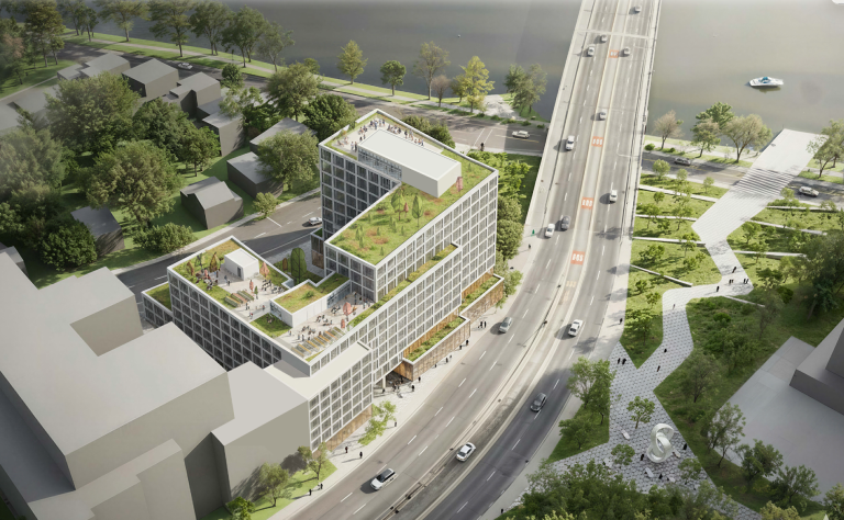 Entrée du pont Viau: un projet de cohabitat unique en son genre prend forme Modélisation du projet de cohabitat Village urbain Cartier projeté à l’entrée du pont Viau.