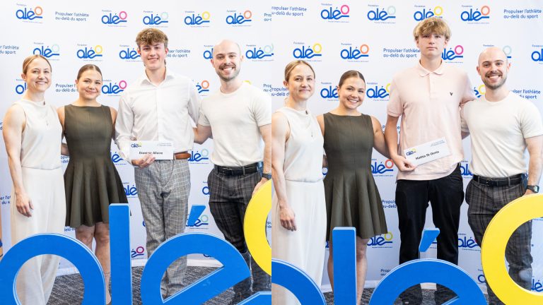 Deux étudiants-athlètes de la région reçoivent 2000$ Dominic Allaire et Mathis St-Denis en compagnie de Karine Turcotte, Rébéka Groulx et William Groulx. (Photos gracieuseté - Nathan Brunet)