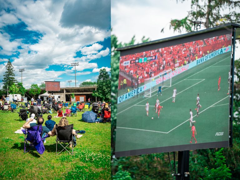Images prises lors de la diffusion en plein air du match entre le Canada et la Suisse lors de la phase de groupes. (Photo gracieuseté - FC Laval / VizionFilms | Marketing Agency)