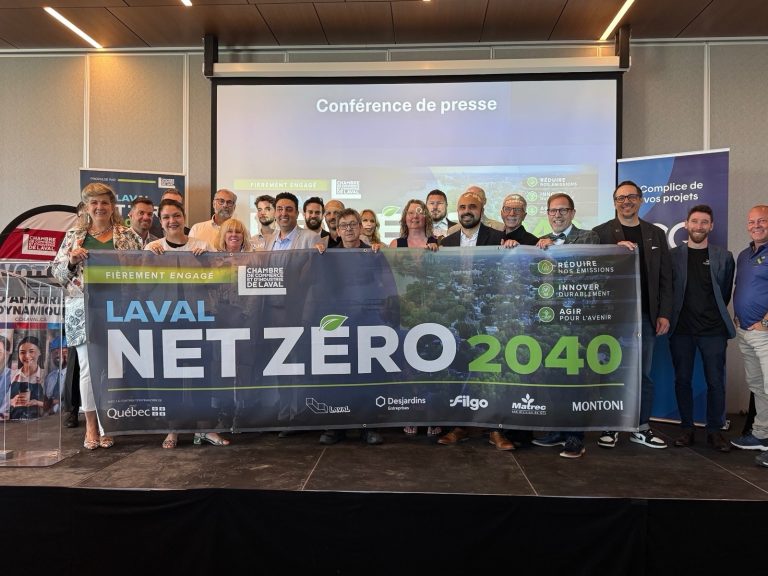 Économie circulaire: 850 000 $ pour accélérer la vision Laval Net Zéro 2040 Dévoilement de la bannière Laval Net Zéro 2040, dont la campagne a été lancée par la Chambre de commerce et d’industrie de Laval le 16 juin.