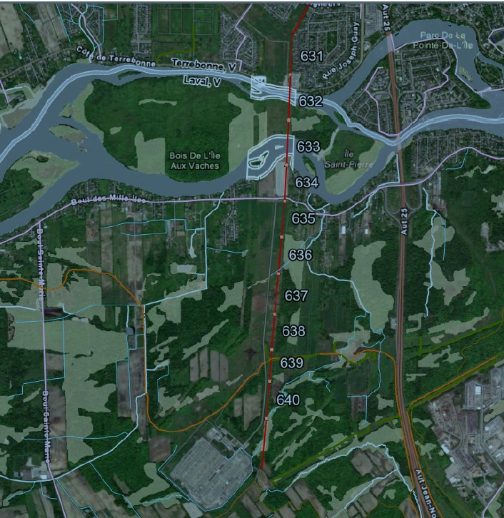 Voici une carte des travaux planifiés par Hydro-Québec pour le remplacement d’isolateurs et autres accessoires d’une ligne de transport d’électricité en sol lavallois ces prochains mois. (Carte gracieuseté – Hydro – Québec)