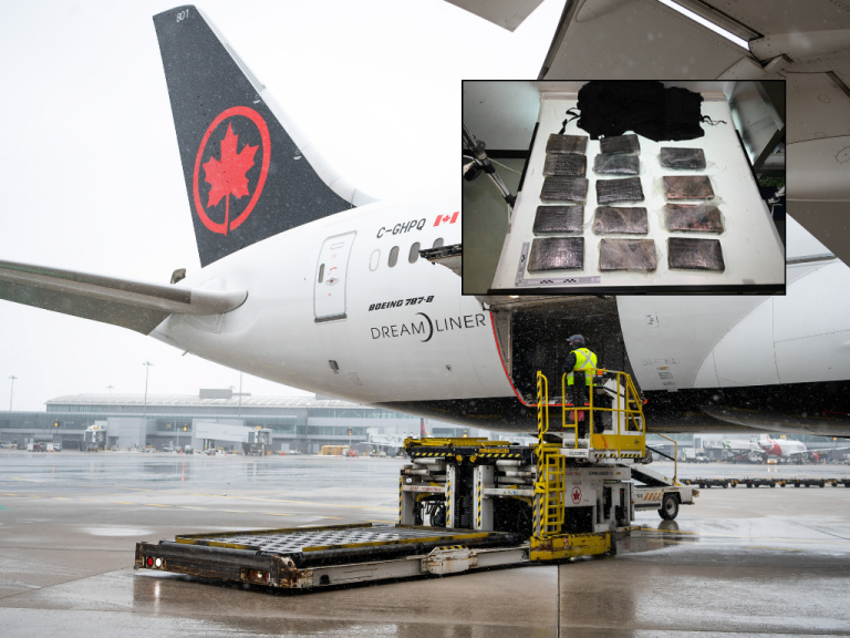 Deux employés d’Air Canada arrêtés pour trafic de drogue En mai dernier, les policiers ont saisi 62,5 kg de cocaïne dissimulée dans 4 sacs à dos de voyage comme celui-ci. (Photos gracieuseté - Air Canada et GRC)