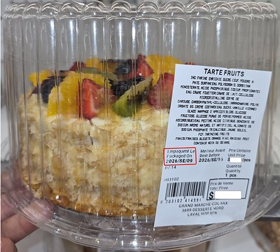 Le MAPAQ prévient de ne pas consommer une tarte aux fruits vendue récemment par le Grand Marché Col-Fax inc., sur le territoire de Laval. (Photo gracieuseté – MAPAQ)