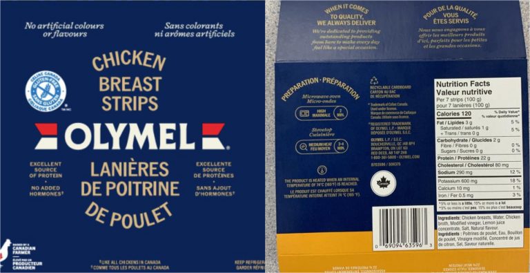 Rappel urgent de lanières de poulet vendues juste au Québec Des paquets de 175 grammes de lanières de poulet de marque Olymel font l’objet d’un rappel car ils pourraient avoir été contaminés par la bactérie Listeria monocytogenes. (Photos gracieuseté - Agence canadienne d’inspection des aliments)