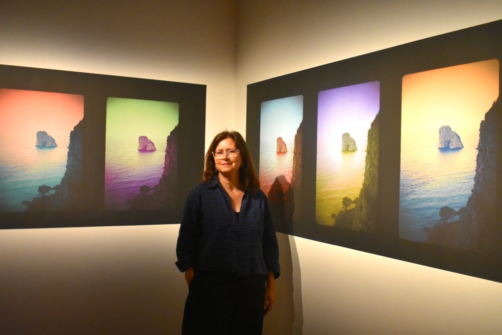 Jasmine Colizza, directrice artistique de l’Espace muséal Alfred-Pellan, qui pose devant l’œuvre de Yann Pocreau. (Photo 2M.Media – Emmanuelle Froment)