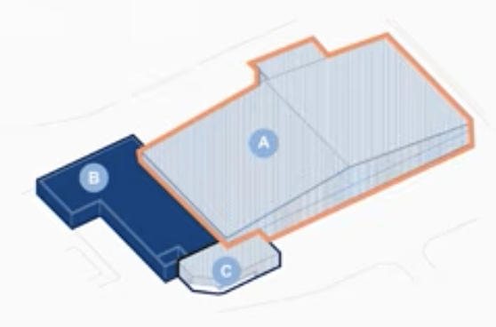 Seule la partie A du bâtiment pose actuellement problème en raison de l'affaissement de la dalle de béton. Elle comprend tout l'espace de la glace, des estrades et du hangar à zamboni. (Graphique gracieuseté - Ville de Laval)