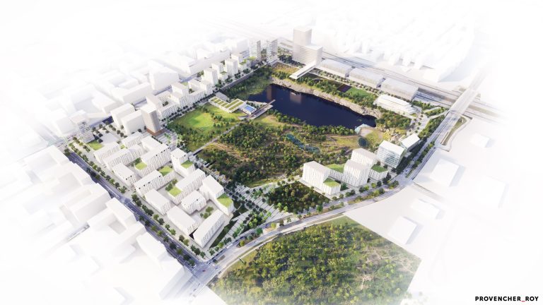 Modélisation du projet d’écoquartier d’innovation du Carré Laval. Le site est ceinturé par l’A-15 et les boulevards du Souvenir, Daniel-Johnson et Saint-Martin. (Image gracieuseté - Provencher Roy)