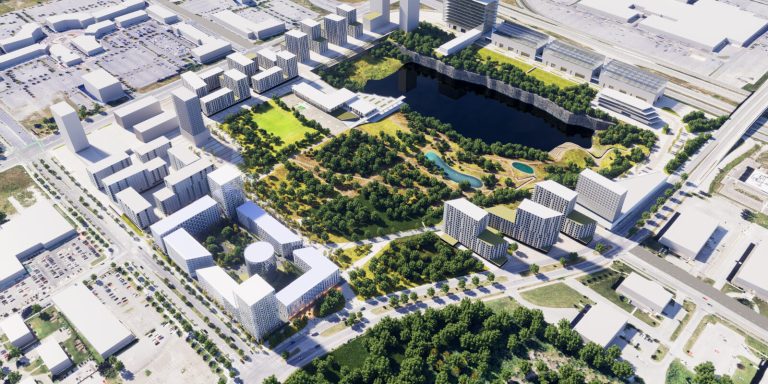 En confiant à une fiducie d’utilité sociale le développement du site de l’ancienne carrière Lagacé, l’administration Boyer vient soustraire aux pressions spéculatives du marché les terrains hautement stratégiques du Carré Laval pour les 50 prochaines années. Voici à quoi pourrait ressembler le site une fois ce projet d’écoquartier axé sur l’innovation et la transition écologique et sociale complété. (Image gracieuseté - Provencher Roy)